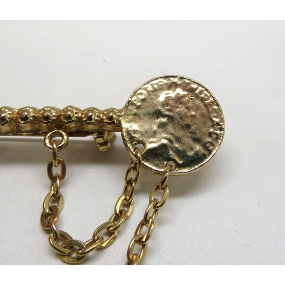 Vintage Imitation Coin Brooch 3" Gold Tone Pin Draped Chain Dangle Faux Change - Picture 12 of 12